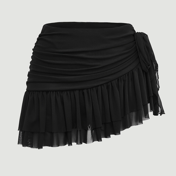 Elegant Black Tulle Mini Skirt with Bow Detail - Sexy Ruffled Hem, High-Waisted Design, All-Season Wear, Polyester Fabric, Women'S Fashion, Cute Skirts