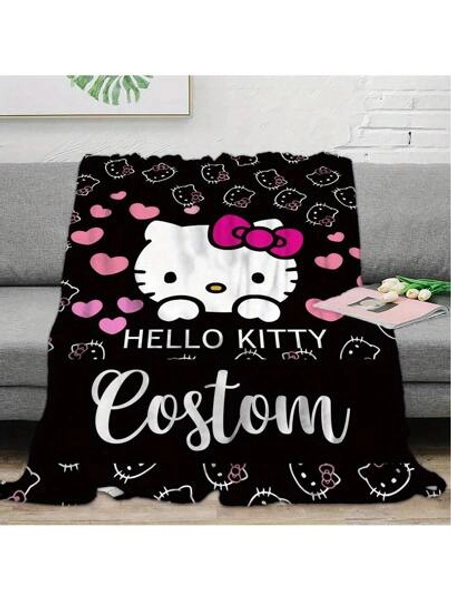 Sanrio 1pc Sanrio Hello Kitty Customizable Fleece Throw Blanket - Soft & Cozy Personalized Flannel With Your Name, Ideal For Home, Picnics, Travel | Black With Pink Hearts Design, Machine Washable, Personalized Blanket, For Office, Durable Mom, Family, Friends, Son, Daughter, For Anniversaries, For Mother's Day, For Birthdays, For Valentine's Day, For Graduation, For Father's Day, For Children's Day, For Weddings, For Housewarming, Sofa, Bed, Car, Tea Room, Bedroom, Bathroom, Living Room, Dining Room