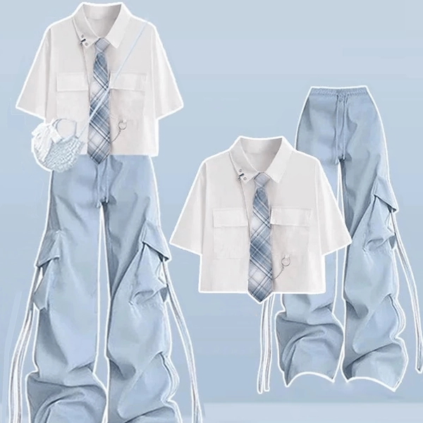⭐️Women Summer 2pcs Set for Women Outfits Y2K Streetwear Short Sleeve Polo Collar Chain Shirt with Choker And High Waist Wide Leg Side Pocket Baggy Drawstring Cargo Pants Sets Women Harajuku Clothings 2pcs Tracksuits Women Matching Set