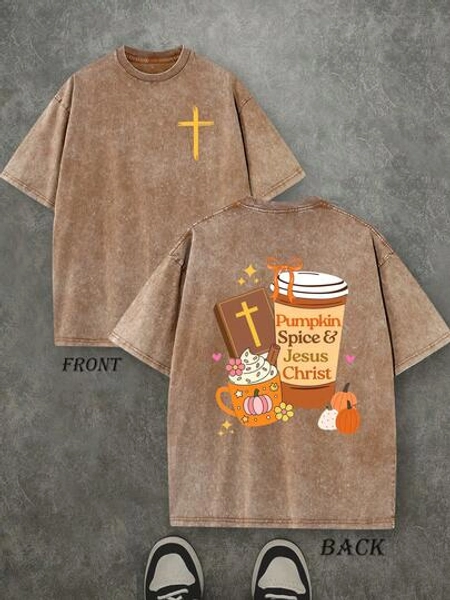 Halloween Pumpkin Spice And Jesus Christ Christian Shirt, Halloween Christian T-Shirt, Vintage Retro Washed Shirt Double Sided Printed (230 Heavyweight Pure Cotton T-Shirt)  High Quality Christian T-Shirt, Halloween Christian Gifts, Men's And Women's Shirts, Comfortable, Fashion Christian Shirt, Street Style Pure Cotton Fall Shirt