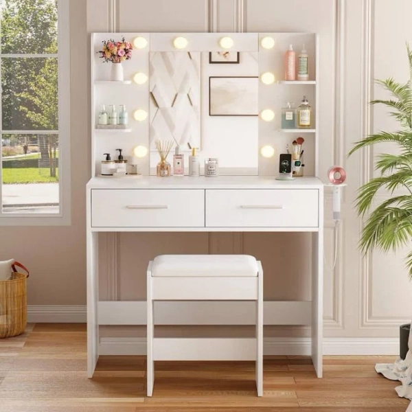 Lacoo Makeup Vanity Sets with Mirror, Power Outlet, Dressing Table Sets, 2-Drawers, 4-