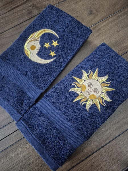 Whimsical Celestial Sun & Moon Embroidered Hand Tea Towel