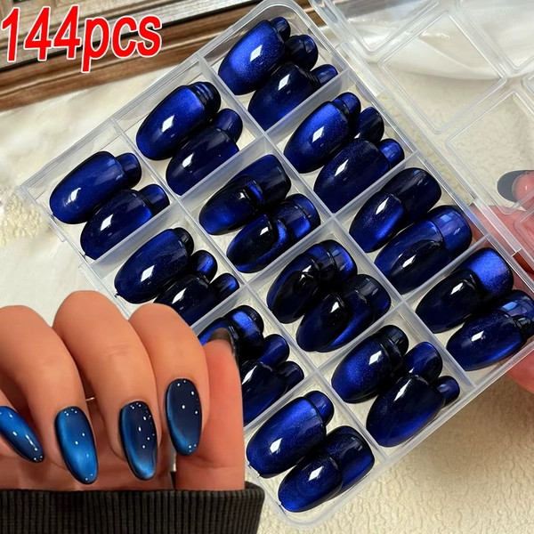 144Pcs Dark Blue Cat Eye Press On Nails