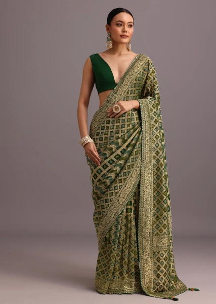 Green Khaddi Georgette Bandhani Saree With Zari Jaal Motif Weave