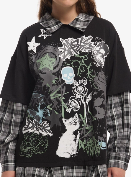 Social Collision Cat Skull Doodle Long-Sleeve Twofer Dress