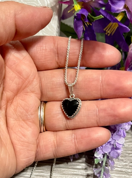 Black Onyx Heart Pendant Necklace/Black Stone Heart Charm Necklace/Box Chain/Sterling Silver/Handmade In USA/Heart Jewelry