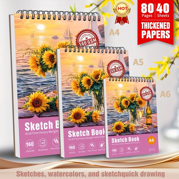 Three Different Sizes of for art Sketchbooks, One Set A4/A5/A6-108Lb/160Gsm, Containing 80 Pages/40 Sheets of for art Sketch Paper, Double-Sided Spiral Binding at The Top, Suitable for Drawing, Sketching, Markers And Oil Pastels