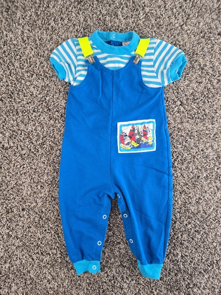 Vtg 1980s Buster Brown Baby Sz 18M One Piece Overall Outfit Bright Blue Green