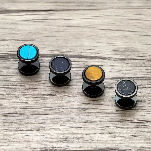 Trend Stainless Steel Ear Stud Men Turquoise Tiger Eye Blue Sand Stone Dumbbell Shape Earrings For Ｍale Hip Hop Rock Ear Jewelry - AliExpress 