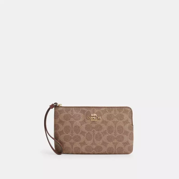 Gold/Tan/Brown Large Corner Zip Wristlet In Signature Canvas