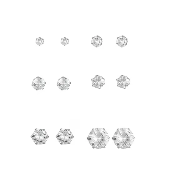 Time and Tru Women's Jewelry Essentials Simulated Diamond Stud Earrings, 6-Pack