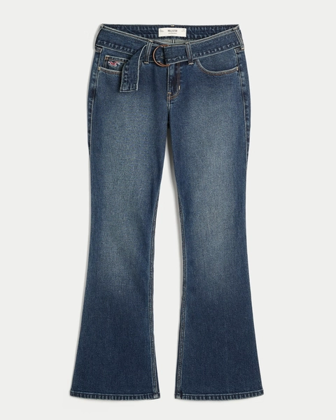 Low-Rise Dark Wash Belted Bootcut Jeans