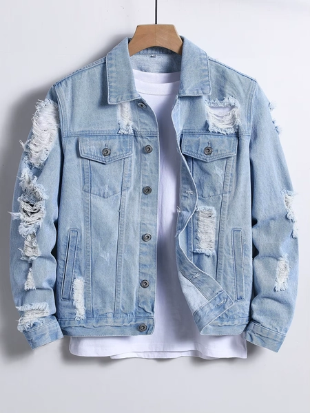 Men's denim jacket for spring and autumn. Light blue ripped denim jacket. Street trend style. Daily casual. - AliExpress 200000343