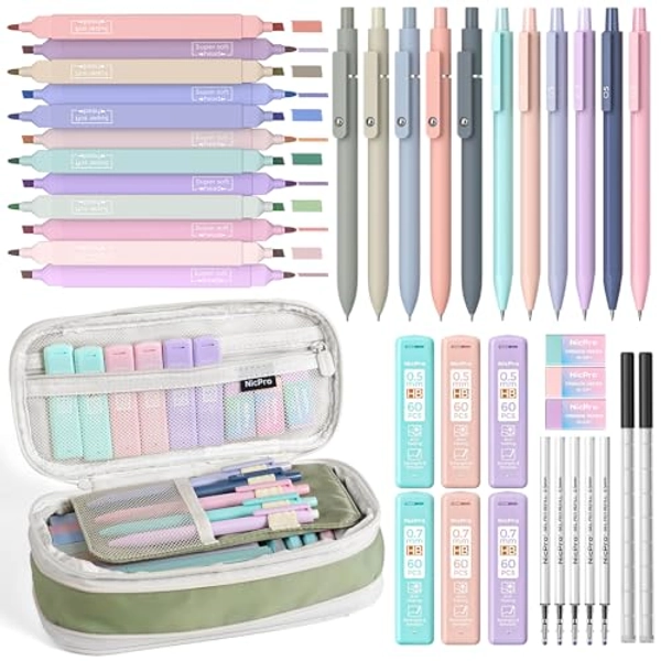 Nicpro 39 PCS Aesthetic School Supplies with Cute Pencil Case, 12 Color Pastel Highlighters, 5 Quick Dry Retractable Black Ink Pens, 6 Pastel Mechanical Pencil 0.5 & 0.7 mm for Student Stationary