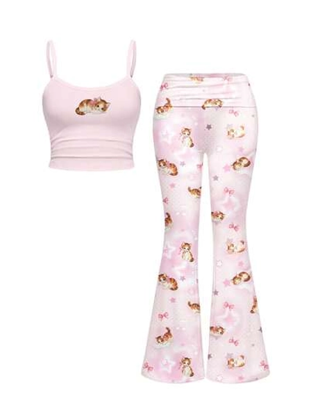 ROMWE Kawaii Cute Kitty Heart Music Note Star Polka Dot Spring Academy Sexy Camisole & Flared Low Waist Pants 2 Pieces Set For Women - Size XS