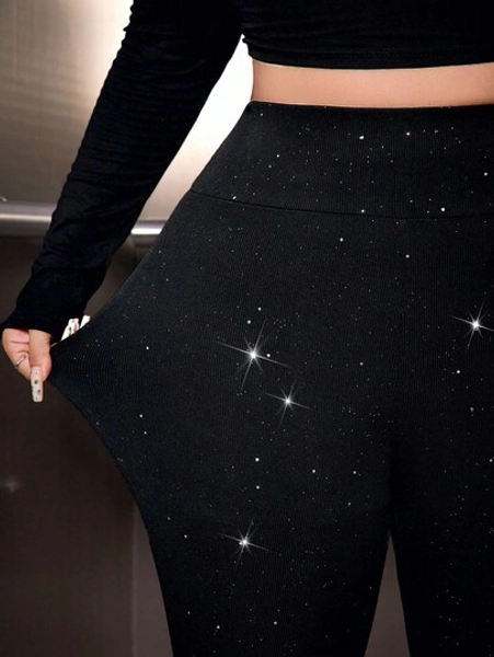 GalTyme Plus Size Women High Waist Shiny Sequin Elastic Skinny Leggings Sparkly Pants Glitter Pants Sequin Party Clothes