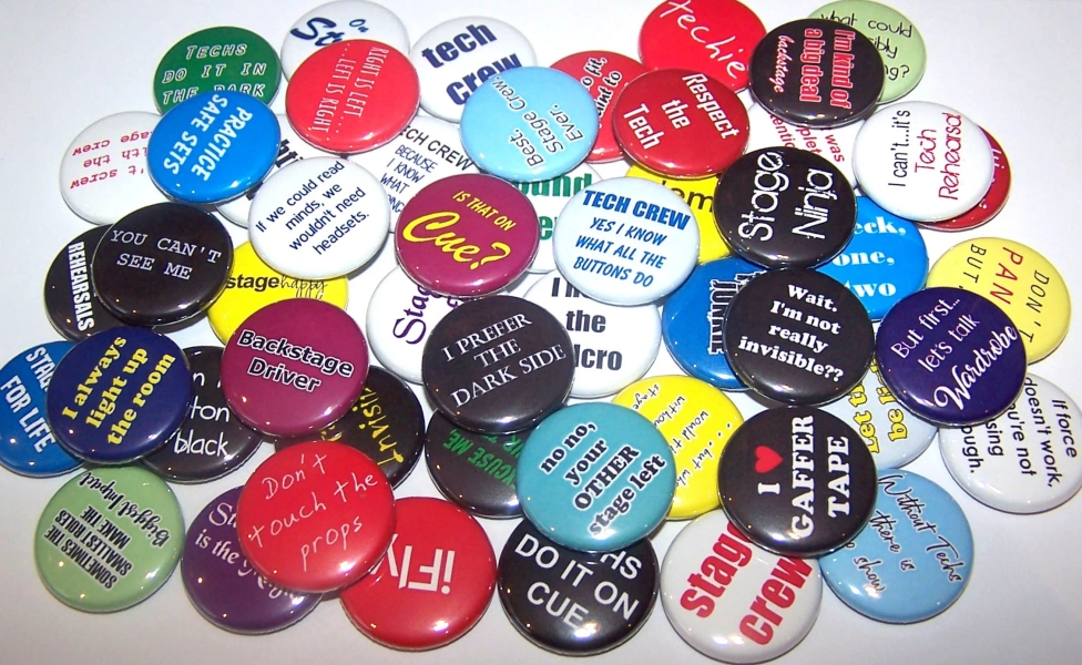 Stage Crew Theater Tech Pins (10 Pack), 1" or 1.5" or 2.25" Pinback Buttons or Magnets, Techie Gift, Back Stagehand Buttons, Lighting