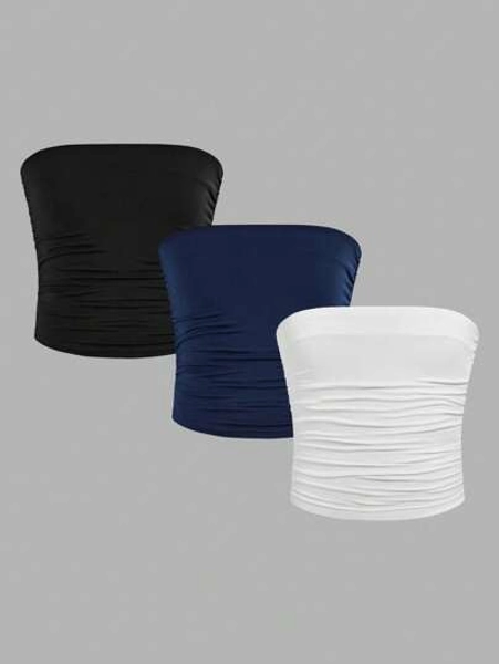 SHEIN Girlism 3pcs/Set Tween Girls Comfortable Ruched Bandeau Tube Top Seamless Bras