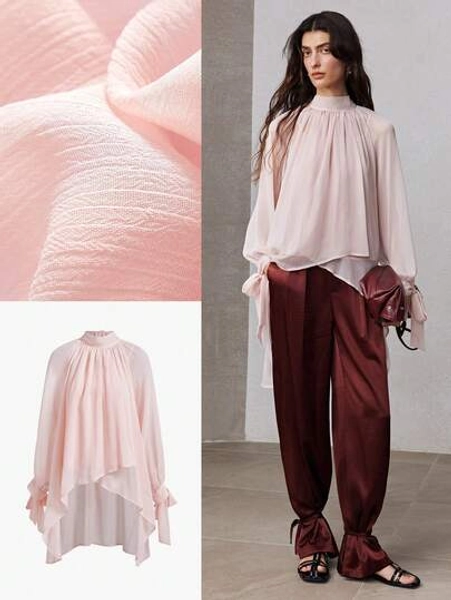 ZEYLAH Mandarin Collar Ruched Asymmetrical Hem Romantic Blouse, Spring - Size XS