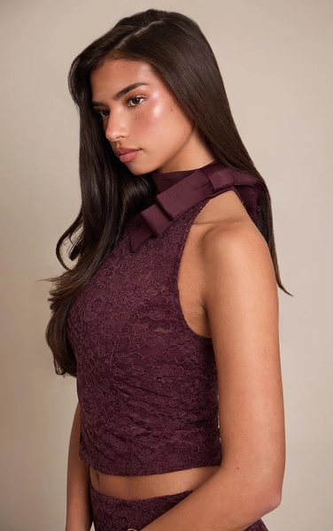 Dark Wine Bow Detail Lace Top