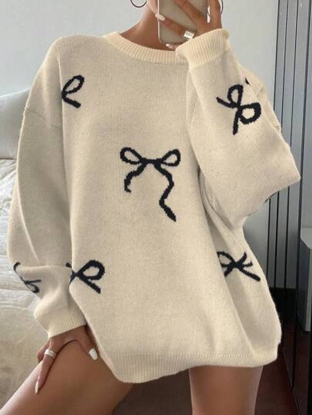 DAZY Women Casual Loose Fit Round Neck Bowknot Pattern Sweater, Autumn/Winter,Long Sleeve Tops,Fall Women Clothes