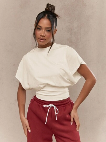 MISSGUIDED Oversized Balloon Sleeve Crop T-Shirt Casual Athletic Fashion Cinched Waist Workout Top Yoga Dance Studio Modern Contemporary Basic Essential