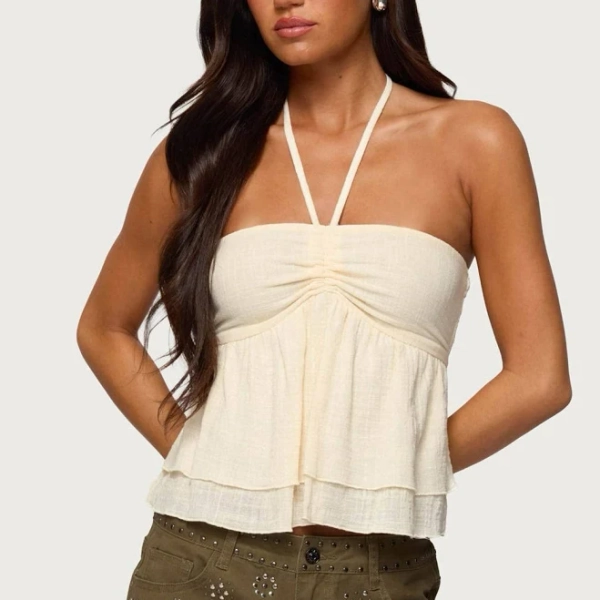 Edikted Women's Layered Linen Look Babydoll Halter Top