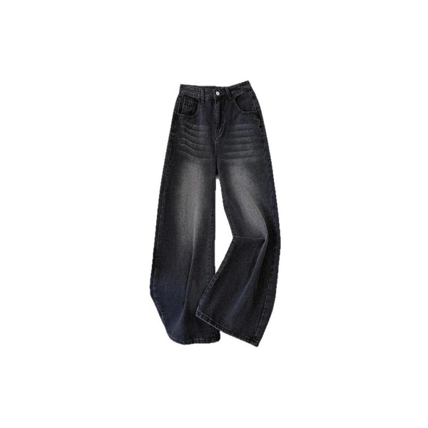 Women High Waist Washed Black Wide Leg Jeans Vintage Gradient Loose Straight Denim Pants Casual Baggy Trousers