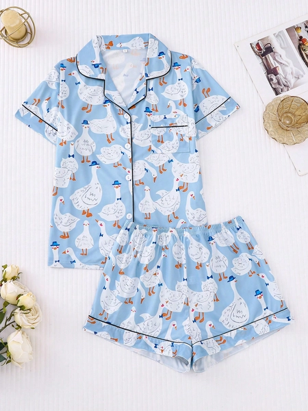 2pcs Ducky Print Women Pajama Set, Short Sleeve Shirt Collar Button Up Blouse And Elastic Waist Shorts, Loungewear Holiday Party Sleepwear, Casual All Season Home & Outdoor Women Pajamas, Cool Light Blue