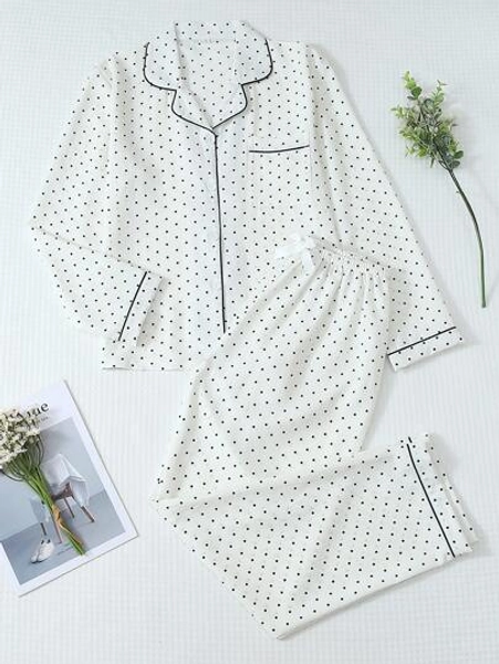 2pcs Women Polka Dot Pajama Set, Long Sleeve Button Collar Top And Pants, Casual Sleepwear Homewear Suit For Autumn/Winter, Fall Clothes