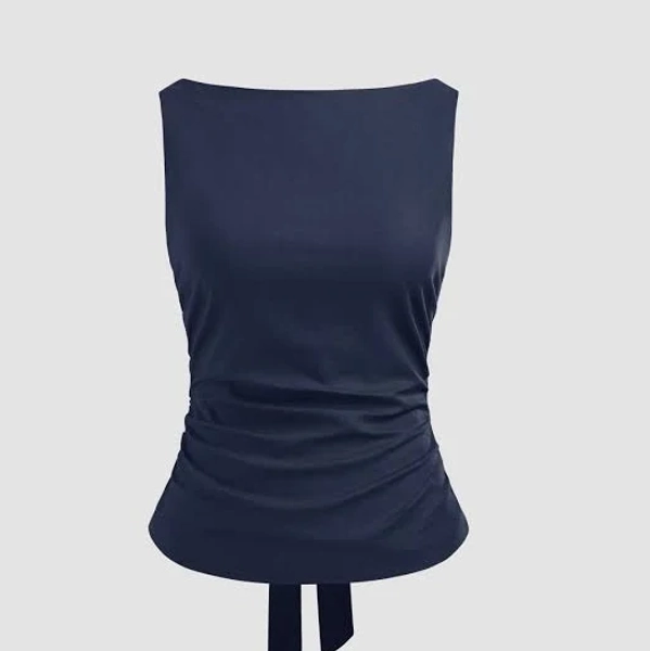 Cider Women's Linen-blend Boat Neckline Solid Bowknot Tank Top