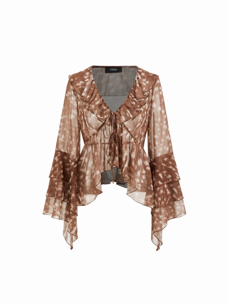 Chiffon Chiffon V-neck Deer Print Knotted Ruffle Layered Long Sleeve Blouse For Daily Casual Vacation