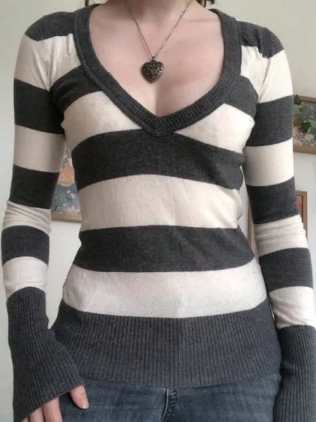 Y2K Fairy Grunge Vintage Striped V-Neck Ribbed Shirt