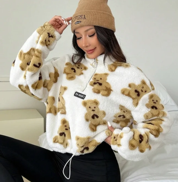 SHEIN Women's Cartoon Bear Plush Half-Zip Sweatshirt