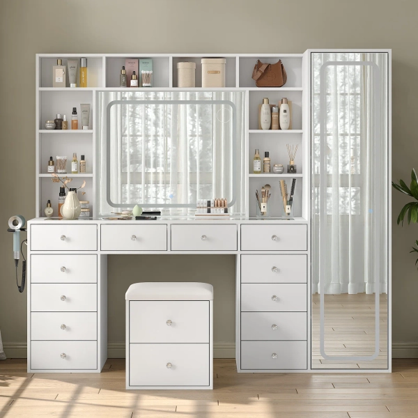 Brayden Studio® Jamair Desk Full Length Mirror & LED Mirror With Power Outlet, Makeup Jamair 12 Drawers And 10 Open Storage Shelves, Hidden Storage Capacity, Dimmable & 3 Color Lighting Dressing Table For Bedroom | Wayfair