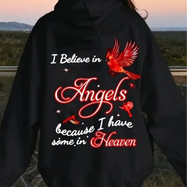 [Black Hoodie Red Cardinal] A Black Hoodie Featuring a Red Cardinal And Angel Design, Perfect for Cozy Fall And Winter Days. This Y2K Streetwear Piece Includes an Adjustable Hood And Pocket, with Heavenly-Themed Lettering to Honor Those We'Ve Lost