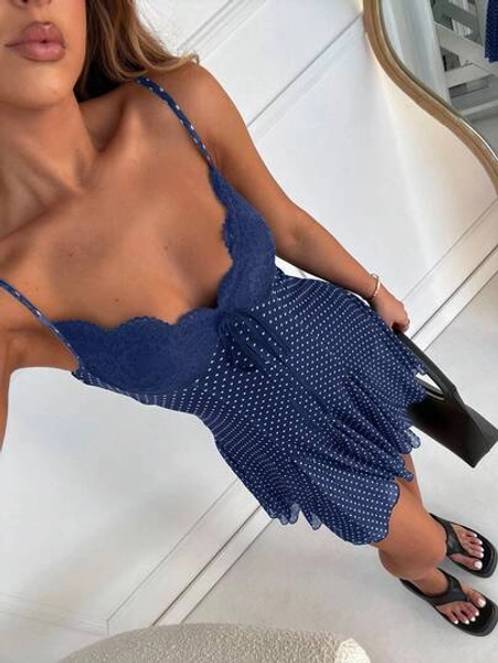 SHEIN EZwear Navy Blue Polka Dot Casual Vacation Spaghetti Strap Mini Dress Polka Dot Dress Lace Trim Dress Short Blue Dress Lace Dress,Dresses For Women Party