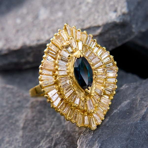 Sparkling Marquise Sapphire & Diamond Ballerina Ring 14K Yellow Gold