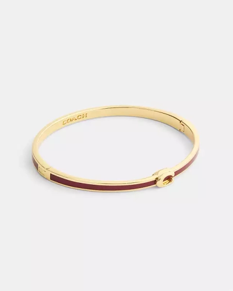 Gold/Wine Thin Enamel Signature Hinged Bangle