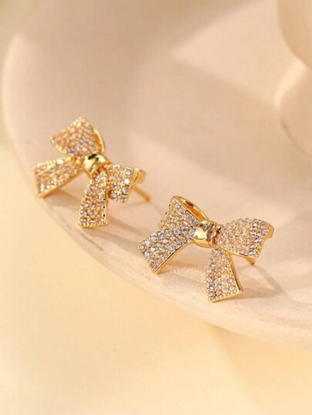 2pcs Chic Bowknot Sparkly Cubic Zirconia Earrings, 18K Gold Plated Copper, Suitable For Women, Perfect For Weddings, Engagements, Daily Wear, Valentines And Birthday Gifts Valentines,Mom,Mother,Mother's Day,Gift
