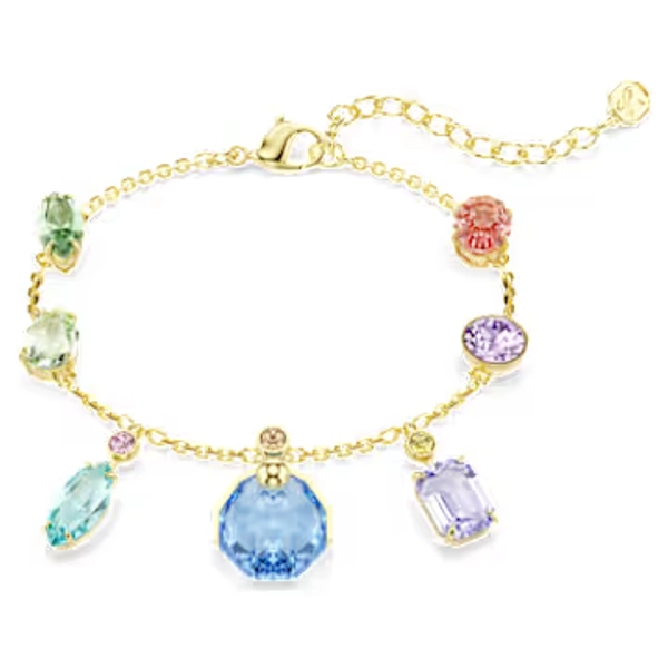 Gema bracelet, Mixed cuts, Dangling crystals, Multicolored, 18K gold finish