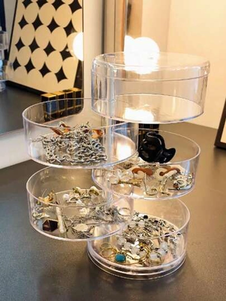 1pc Bohemian Style Multi-Layer Jewelry Organizer, Large Capacity Transparent Plastic Rotating Earring & Bracelet Stand With Dust Cover, Lockable Oval Jewelry Box For Hair Accessories, Bracelets, Necklaces, Earrings, And Watches, Ideal Jewelry Storage Solution For Women Storage Organizer Travel Essentials Gift Back To School