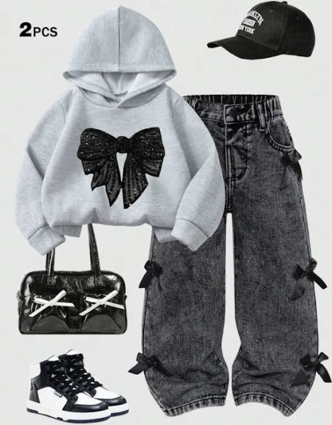 SHEIN Girls Loose Fit Denim Hoodie Sweatshirt Set with Bowknot