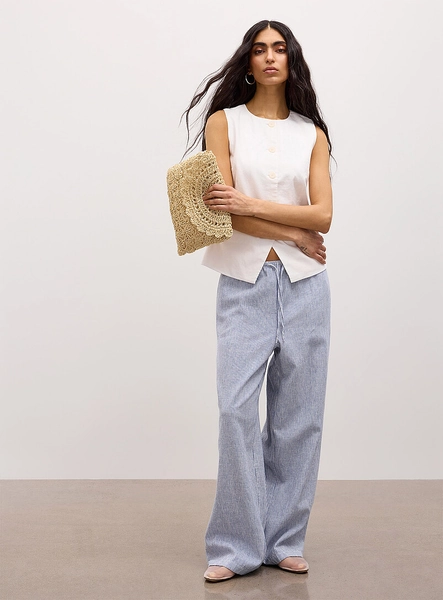 Drawcord waist linen-blend wide-leg pant
