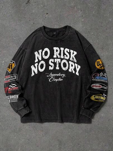 Manfinity EMRG Men's Casual Slogan Print Crew Neck Long Sleeve T-Shirt, Autumn Men Street Wear Shirt Men Casual Round Neck Sweatshirt Men Slogan Print Sweatshirt Men Graphic Long Sleeve Shirt Men Drop Shoulder Tee