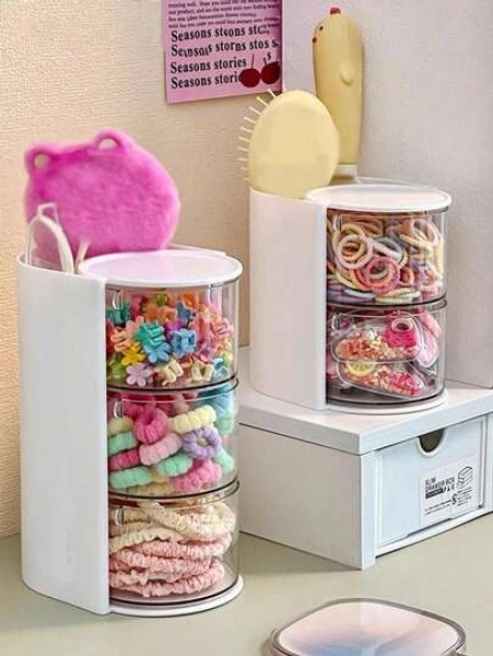 1pc Children's Room Rotating Desktop Storage Box, 2-Layer 3-Compartment Dust-Proof Hair Clip Organizer