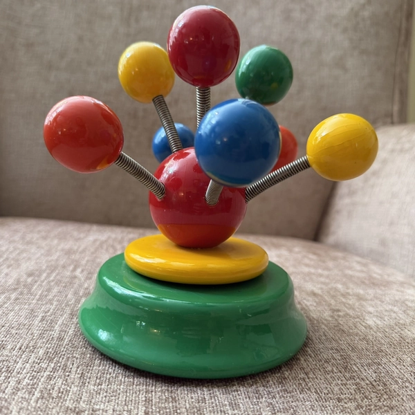 Vintage KOUVALIAS Wooden Toy Wind Up Music Box Multicolored Balls on Springs