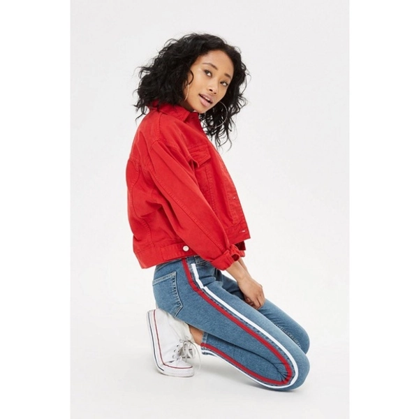 Topshop Jeans Moto Jamie High Rise Skinny Jeans Blue Red Side Stripe 26