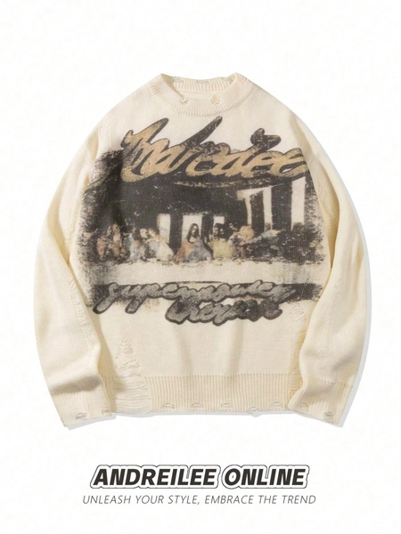 ANDREILEEANDREILEE Men's Street Fashion French Oil Painting Print Distressed Knit Sweater, Casual Crew Neck Slim Fit Pullover Knitwear For Autumn/Winter