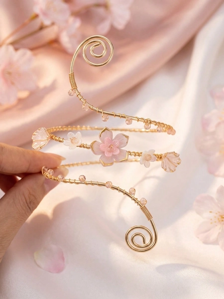 1pc Summer Fashion Floral Arm Chain Exaggerated Geometric Open Metal Bracelet Arm Cuff Suitable For Vacation, Party, Gathering